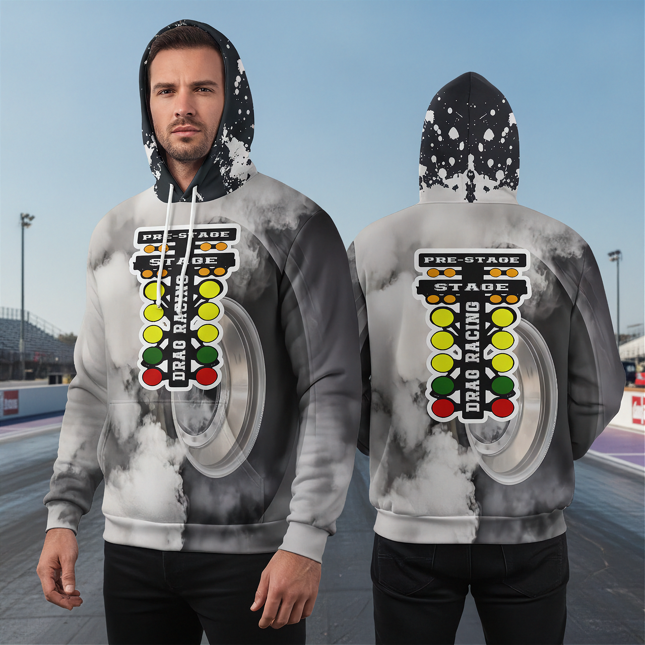 A man modeling a gray and white smoky hoodie with a large racing light graphic on the front and back, shown from both front and back views against a racetrack background.