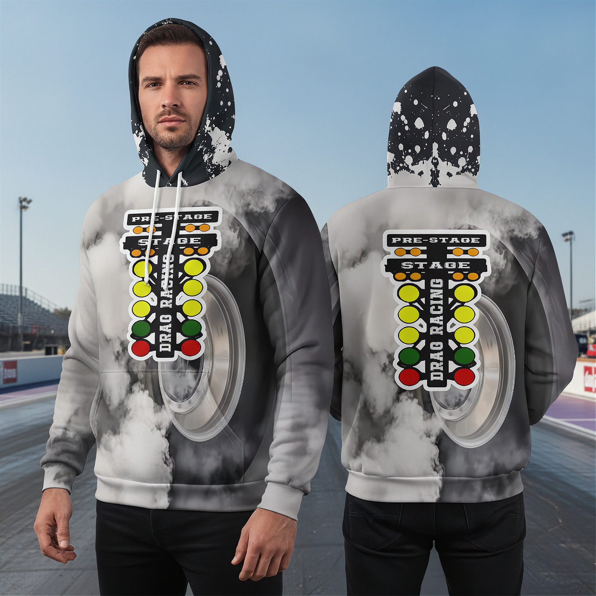 A man modeling a gray and white smoky hoodie with a large racing light graphic on the front and back, shown from both front and back views against a racetrack background.