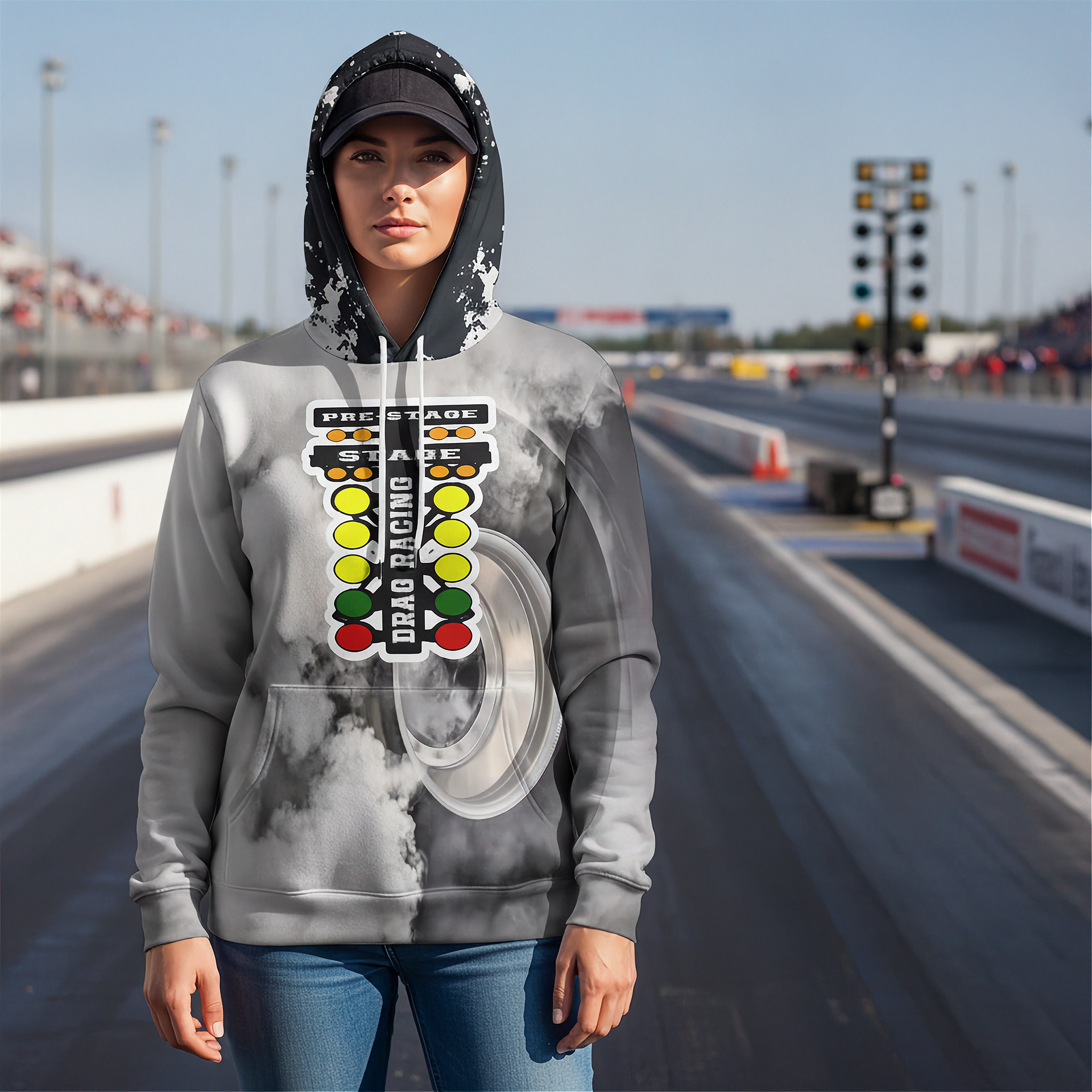 A woman wearing a gray graphic hoodie with a drag racing theme stands on a drag strip track. The hoodie features a large graphic of a drag racing light bar and tire smoke effect.