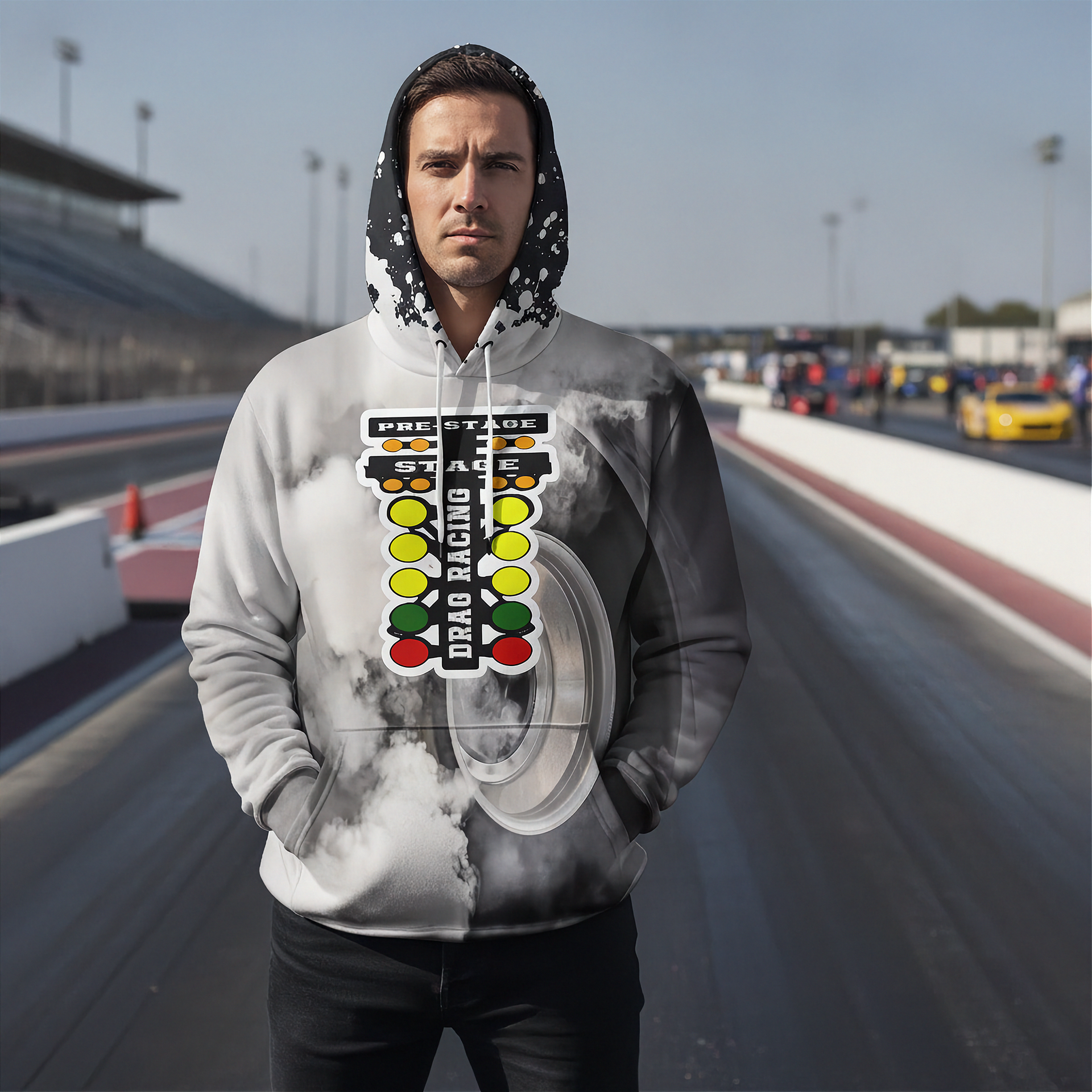 A man wearing a custom printed hoodie stands on a racetrack. The hoodie features a gray and black smoky graphic with a central vertical racing flag design in red, yellow, green, and white.