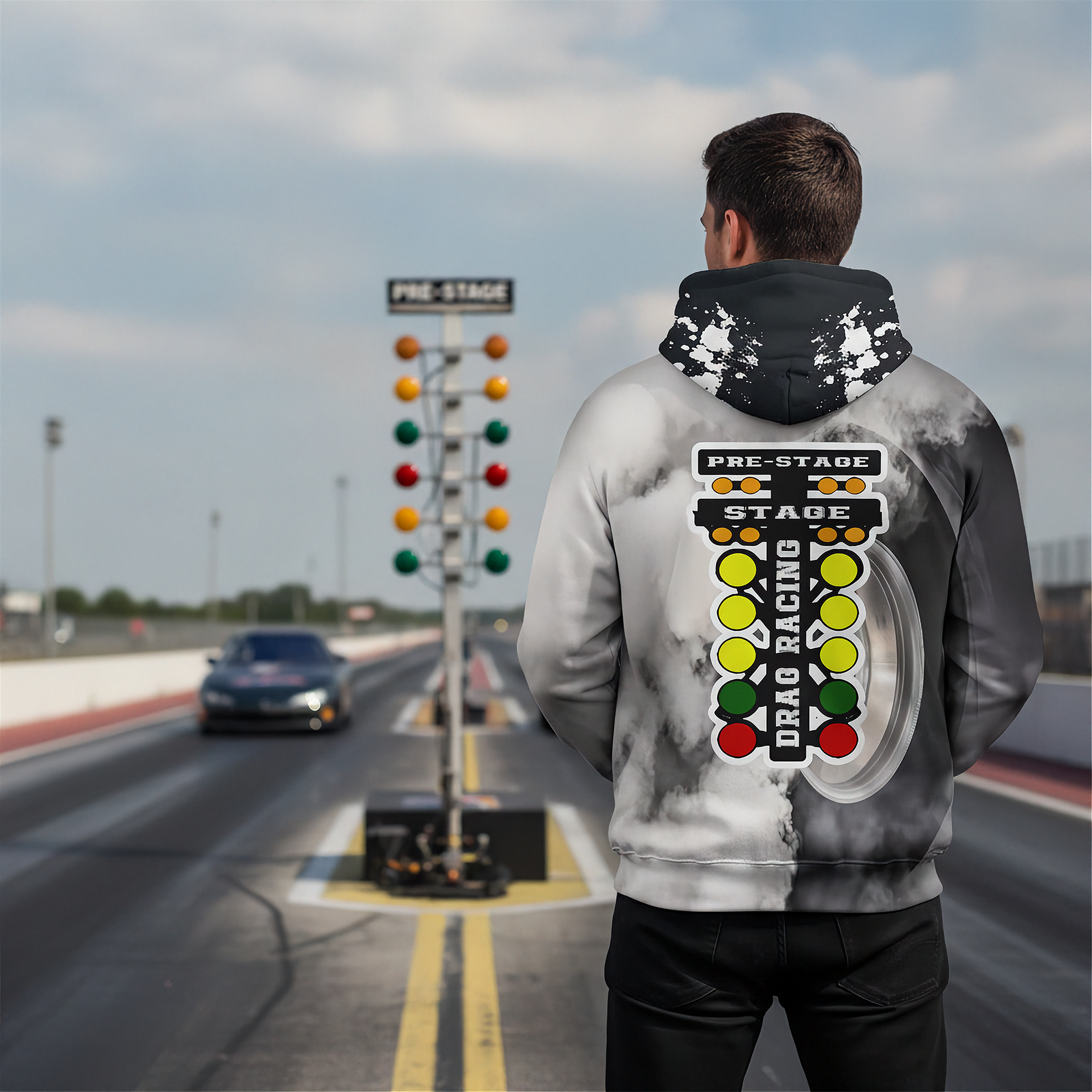 A man stands on a racetrack wearing a hoodie with a large drag racing light bar graphic on the back, with a drag race light tower and a car visible in the background.