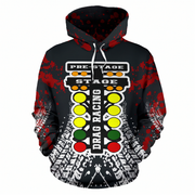 A black pullover hoodie with a red splatter pattern and a large drag racing light bar graphic on the front, featuring white drawstrings and a white distressed graphic at the hem.