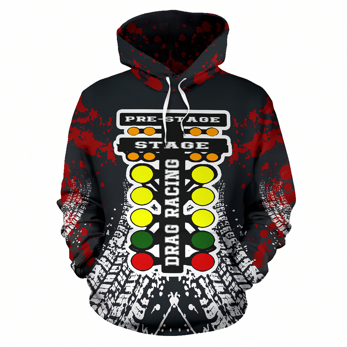 A black pullover hoodie with a red splatter pattern and a large drag racing light bar graphic on the front, featuring white drawstrings and a white distressed graphic at the hem.