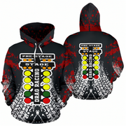 Front and back views of a black pullover hoodie featuring a drag racing theme with red paint splatters, a yellow, green, and red light sequence graphic, and white distressed graphics near the hem.
