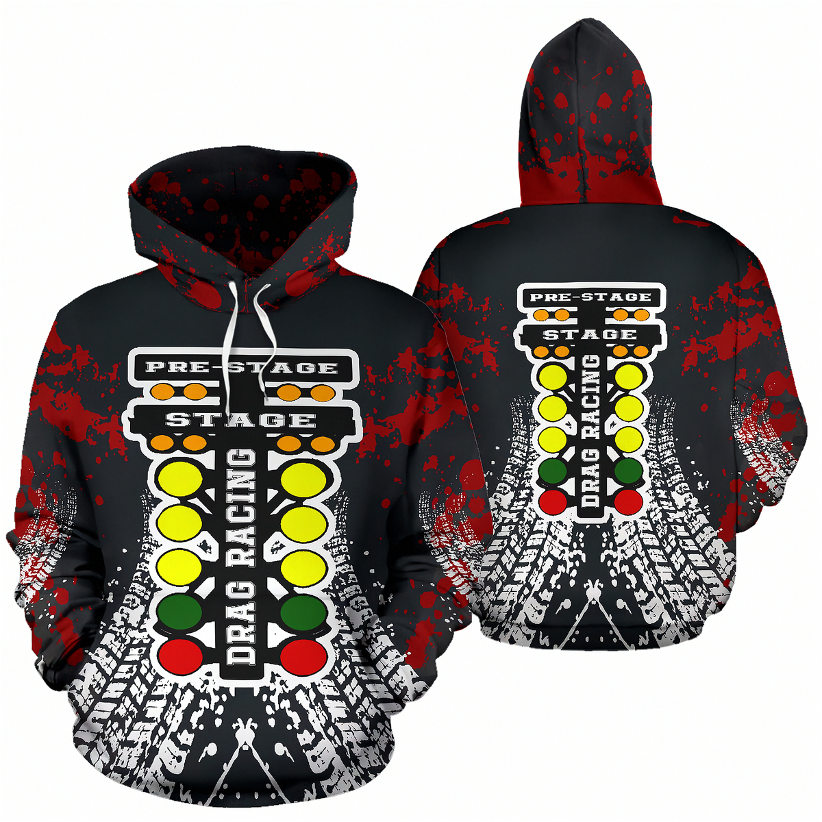 Front and back views of a black pullover hoodie featuring a drag racing theme with red paint splatters, a yellow, green, and red light sequence graphic, and white distressed graphics near the hem.