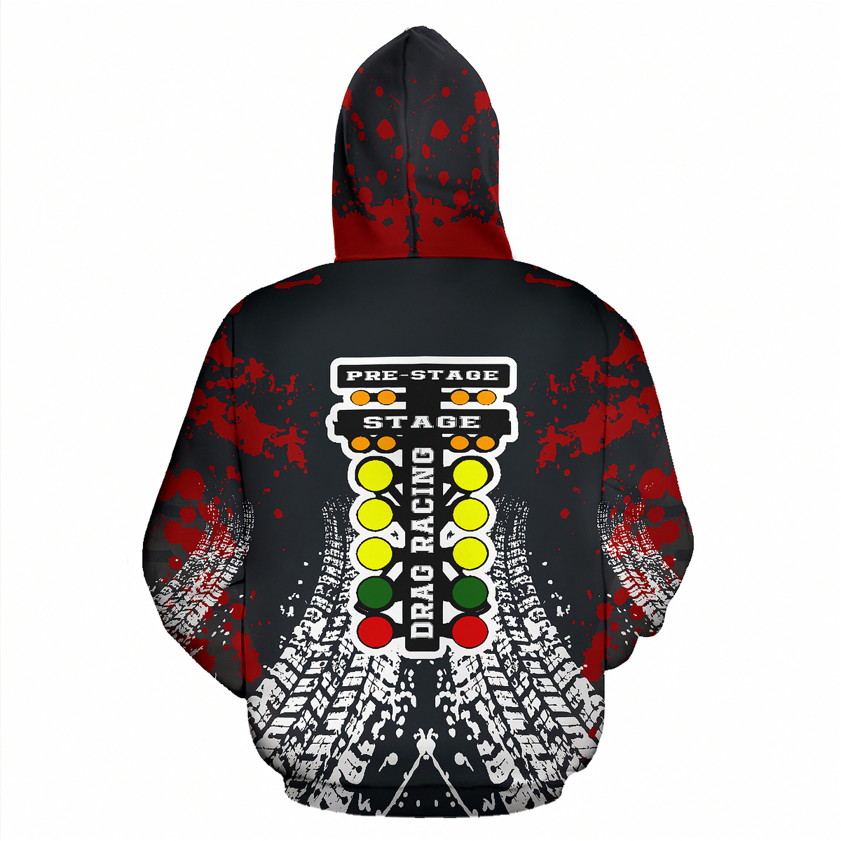 Hoodie with drag racing graphic design on a white background