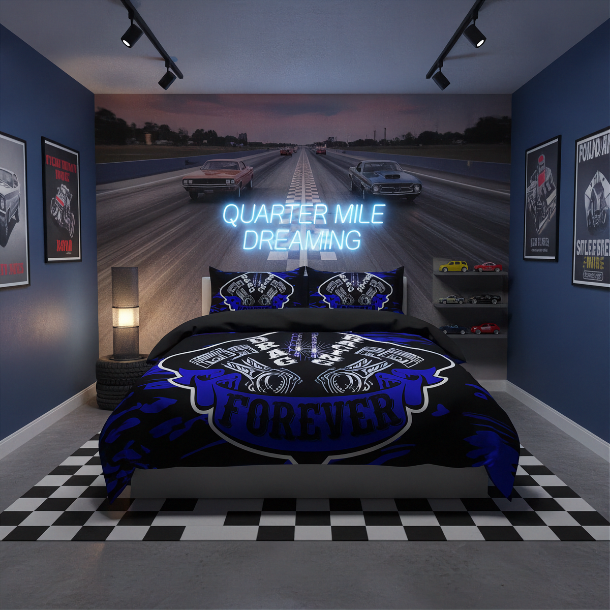 A styled bedroom featuring a custom motorcycle-themed bedding set with a duvet cover and two matching pillowcases. The bedding has a black base with blue flames, white skeleton skulls, and a blue 'FOREVER' banner.