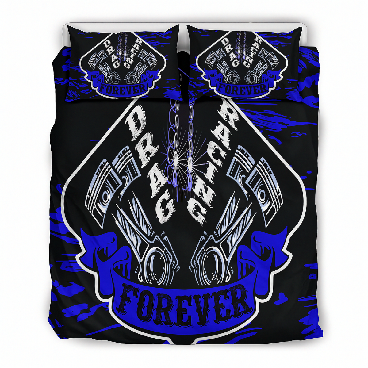 A bedding set featuring a duvet cover and two matching pillowcases with a bold graphic design. The design displays two silver engine pistons on either side of the word 'BRAZING' in white, with a blue banner reading 'FOREVER' at the bottom, all set against a black background with blue splatter accents.