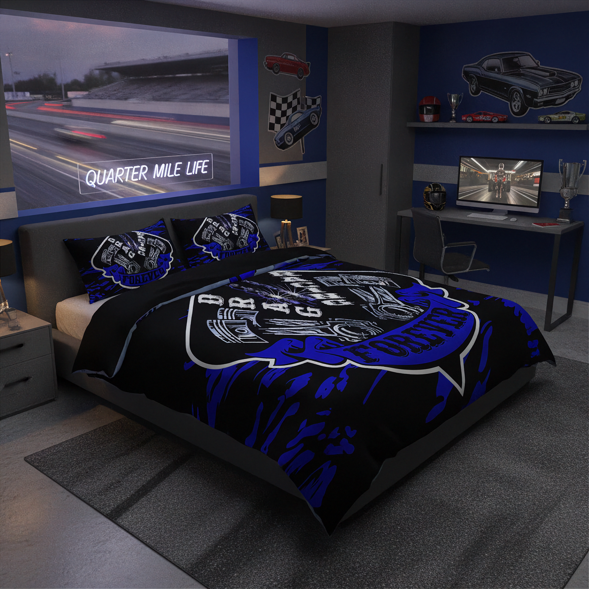 A racing-themed bedding set featuring a black duvet cover and matching pillowcases with a blue and white engine graphic and 'Quarter Mile Life' text, styled in a modern blue bedroom with car and track wall decals.