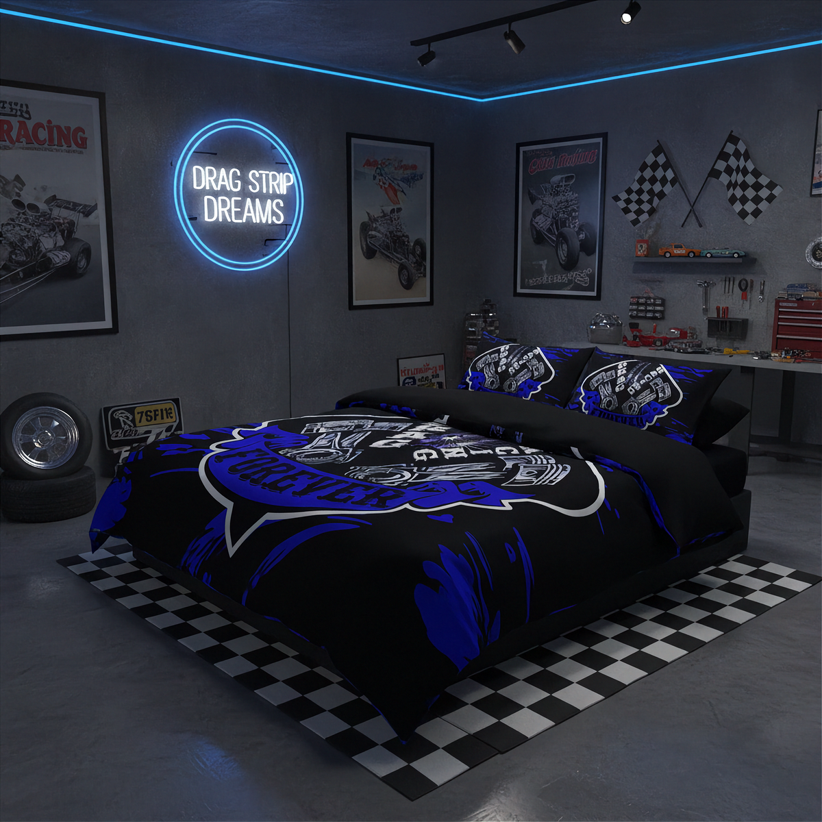 A black and blue drag strip themed bedding set with a bold graphic design, styled in a modern garage-themed bedroom with checkered floor mats, neon signs, and racing posters.