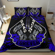 A bedding set displayed on a bed in a bedroom setting, featuring a black duvet cover and two matching pillowcases with a blue and white 'Drag Racing Forever' graphic design.