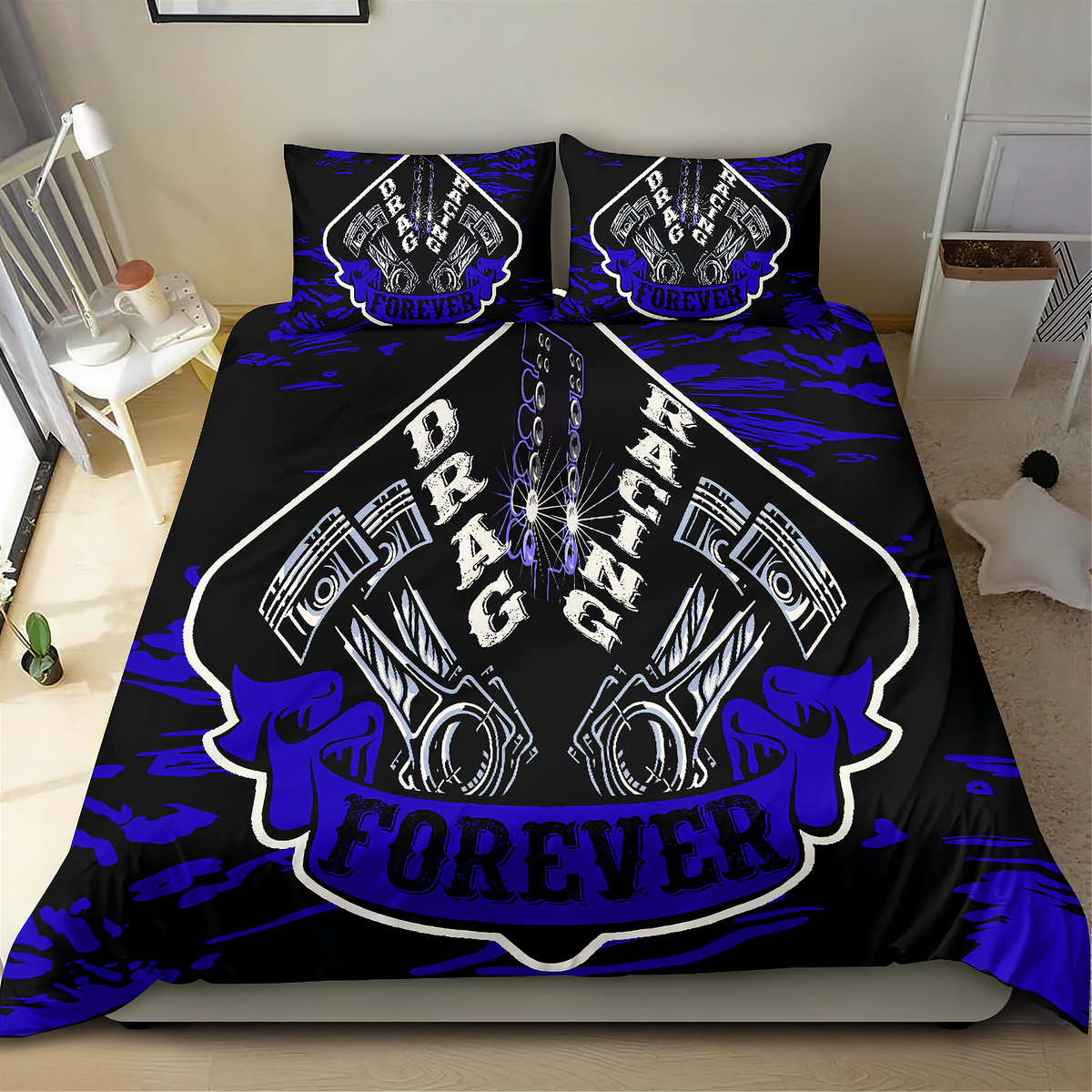 A bedding set displayed on a bed in a bedroom setting, featuring a black duvet cover and two matching pillowcases with a blue and white 'Drag Racing Forever' graphic design.
