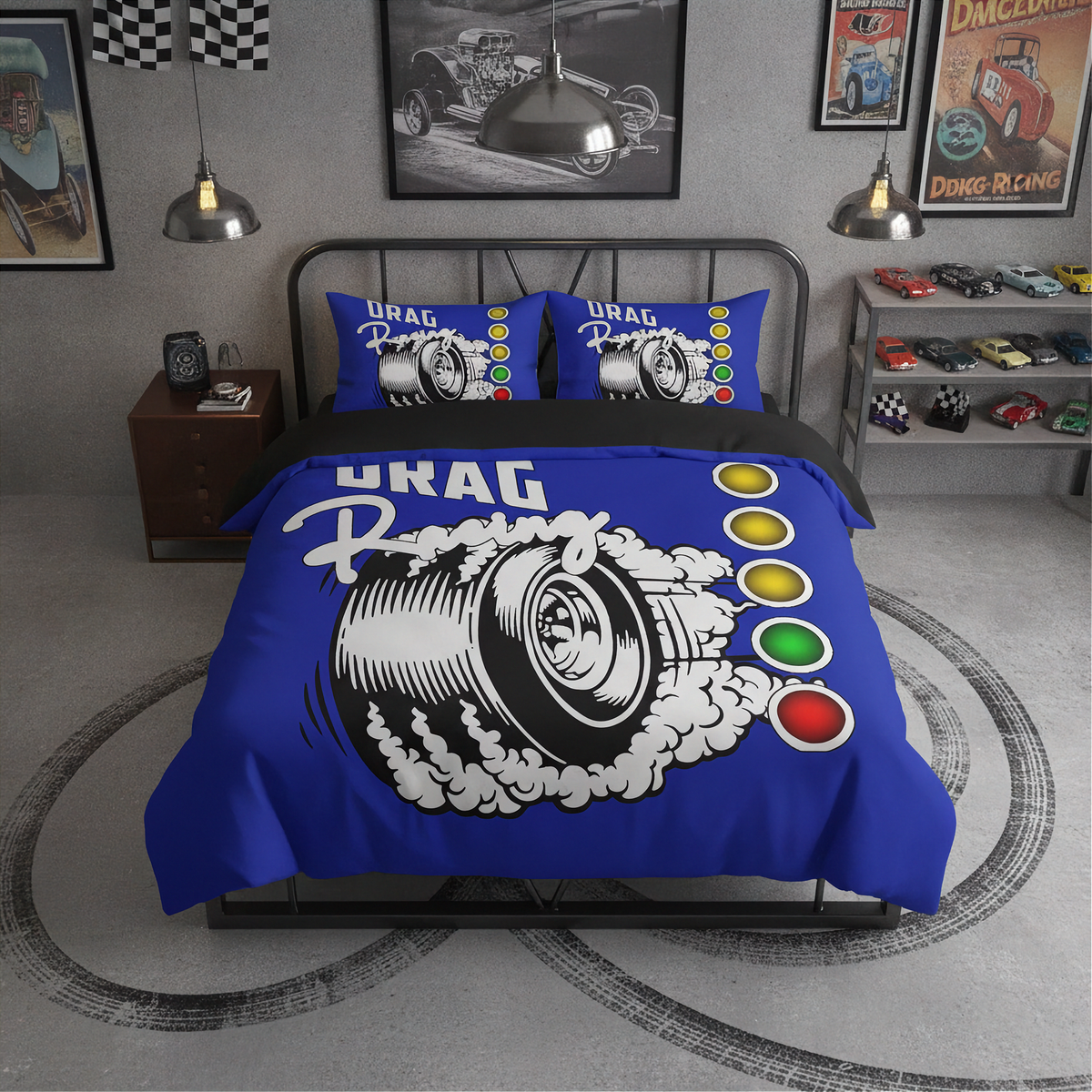 A blue drag racing themed bedding set with a duvet cover and two pillowcases, displayed on a bed in a styled bedroom setting.