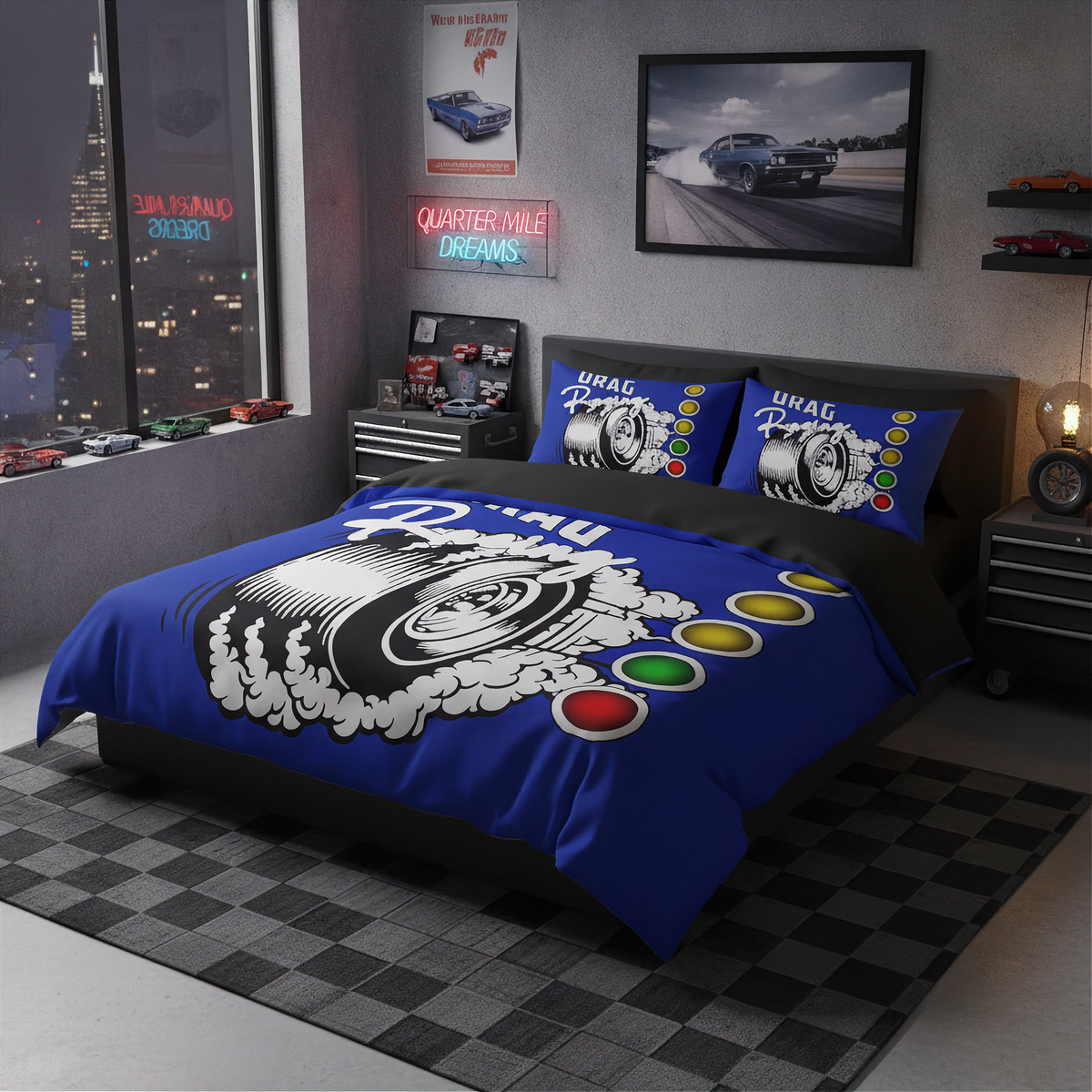 A blue racing-themed bedding set with a duvet cover and two matching pillowcases, displayed on a bed in a modern, dark-themed bedroom. The bedding features a large white tire graphic with smoke and red, yellow, green, and blue oval accents.