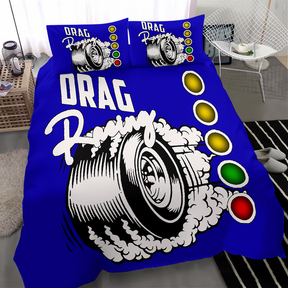 A blue bedding set with a drag racing graphic, including a duvet cover and two matching pillowcases, styled on a bed in a modern bedroom setting.