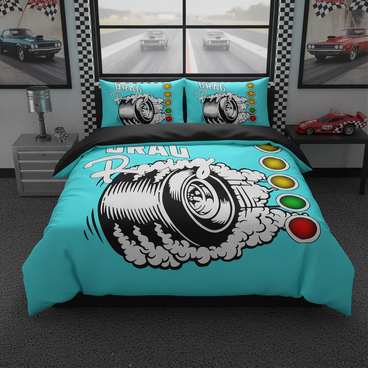 A racing-themed bedding set featuring a turquoise duvet cover and matching pillowcases with a large black-and-white tire graphic, smoke, and red/yellow/white checkered light motifs. The set is styled on a bed in a modern bedroom with race car posters, a side table, and a toy car.