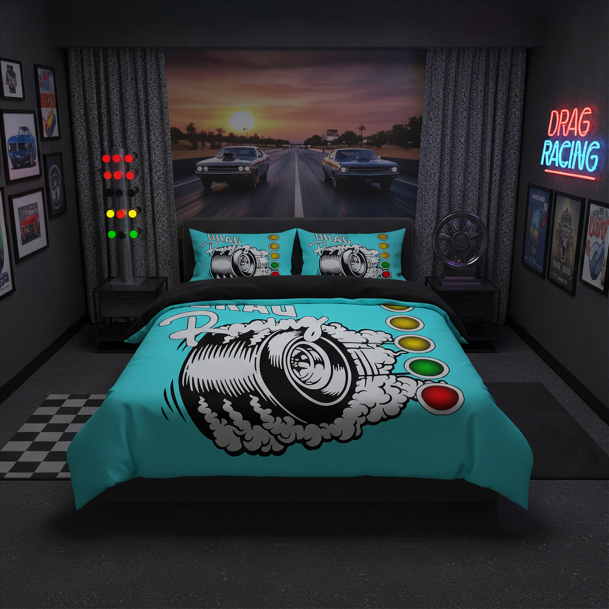 A dark-themed bedroom featuring a custom drag racing themed bedding set. The set includes a turquoise comforter and matching pillowcases with a graphic of a black tire leaving white smoke and the words 'Drag Racing', alongside yellow, gold, green, and red control-style buttons.