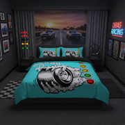 A dark-themed bedroom featuring a custom drag racing themed bedding set. The set includes a turquoise comforter and matching pillowcases with a graphic of a black tire leaving white smoke and the words 'Drag Racing', alongside yellow, gold, green, and red control-style buttons.