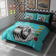 A turquoise and black bedding set with a vintage race car graphic and colored light bulbs, styled on a bed in a modern room with checkered wall decor.