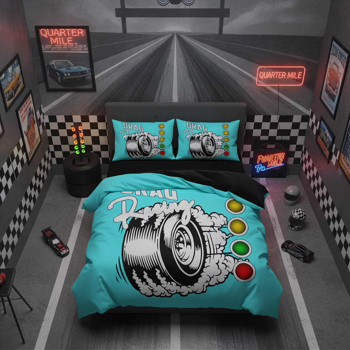A bedroom styled like a race track, centered on a bed with a bright turquoise racing-themed bedding set. The duvet and two matching pillowcases feature a large black-and-white tire graphic with smoke and the word 'Quartzy,' plus racing light buttons.