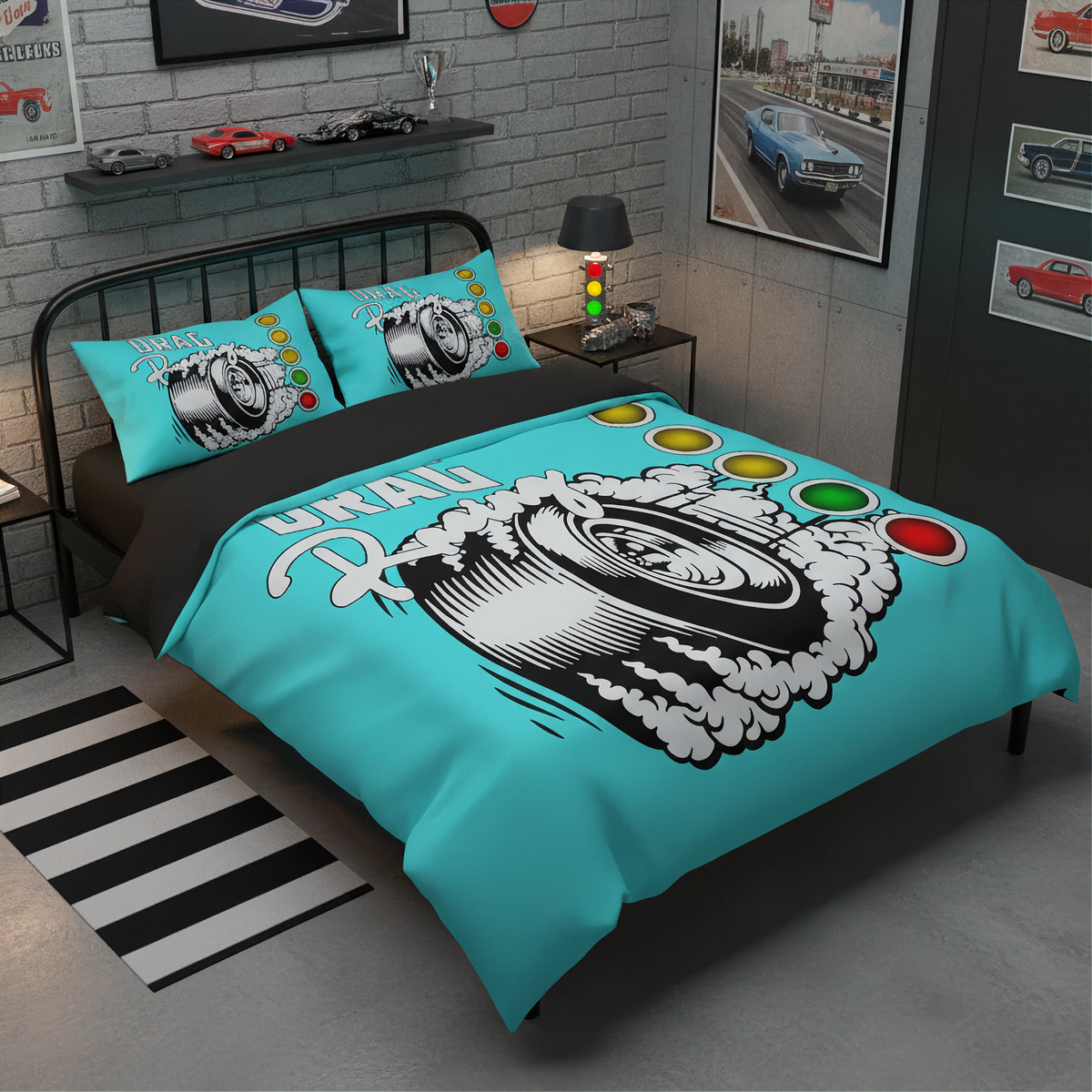 A turquoise and black racing-themed bedding set with a large tire graphic and 'DRAG RACING' text on the duvet cover and matching pillowcases, shown on a bed in a modern bedroom setting.