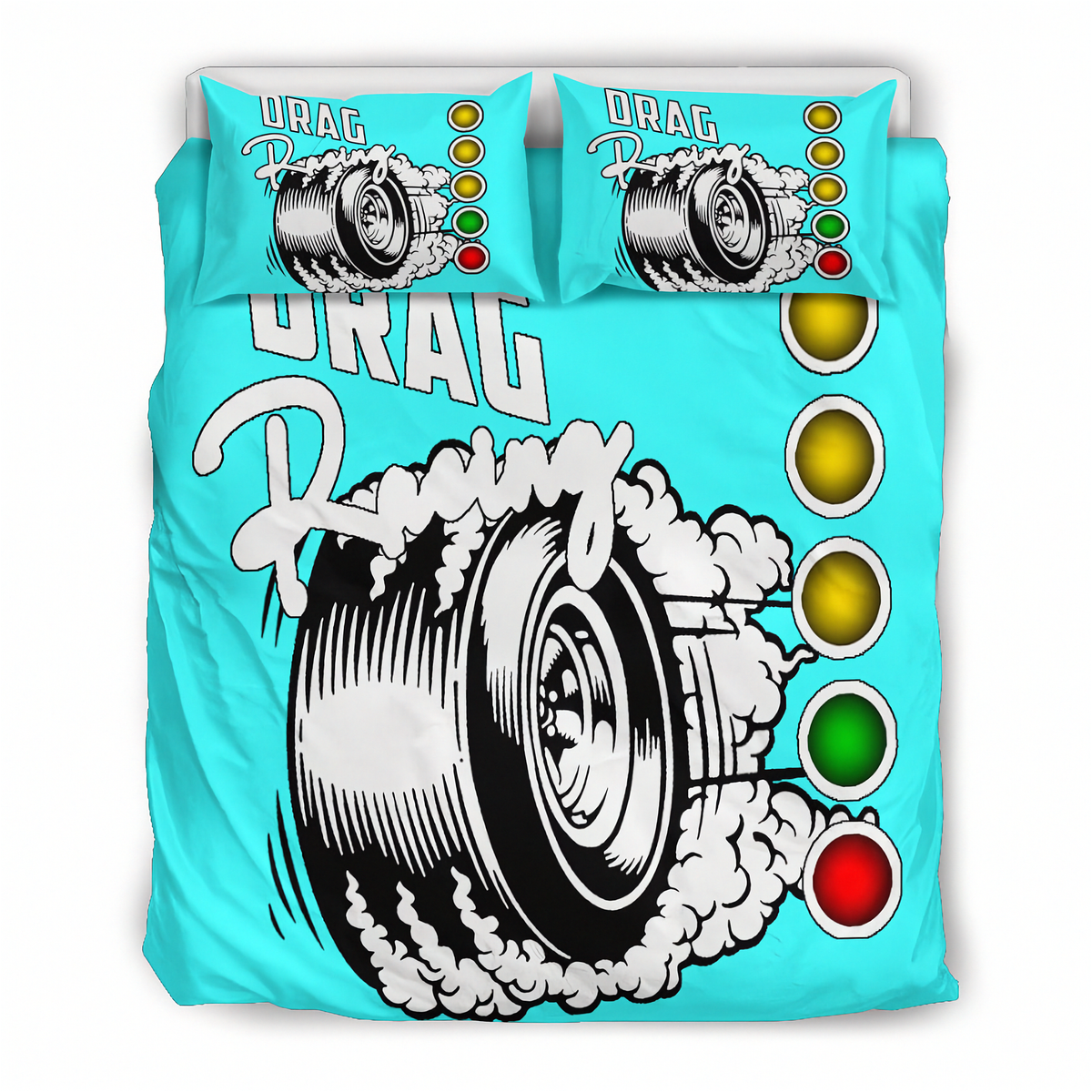 A bedding set featuring a turquoise duvet cover and two matching pillowcases with a graphic of a tire spinning up smoke and the words 'Drag Racing,' plus a vertical row of colored lights.