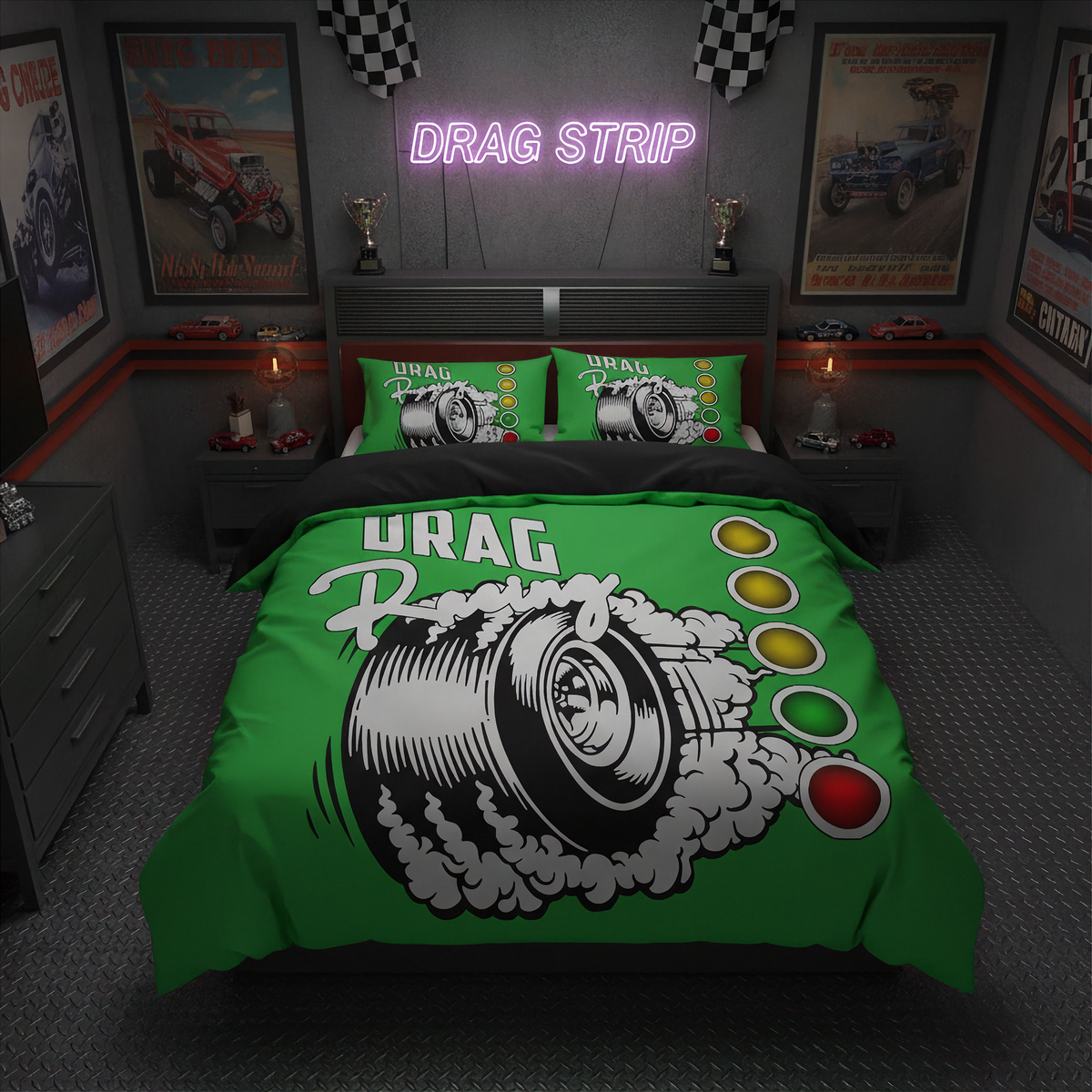 A green drag racing themed bedding set displayed on a bed in a dark, modern racing-themed bedroom. The set includes a duvet cover and two pillowcases featuring a graphic of a tire with smoke and the text 'URAC Racing' alongside racing lights.