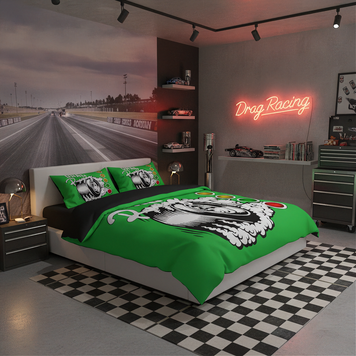 A racing-themed bedding set with a bright green duvet cover and matching pillowcases featuring a black and white graphic design, styled in a modern gray bedroom with a checkered floor and neon sign.