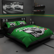 A green and black bedding set with a large white and black graphic print, styled on a bed in a dark gray bedroom with racing-themed wall decor.