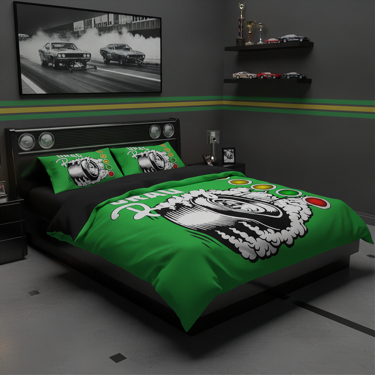 A green and black bedding set with a large white and black graphic print, styled on a bed in a dark gray bedroom with racing-themed wall decor.