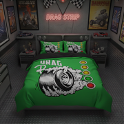 A green drag strip themed bedding set, including a comforter and two pillowcases, displayed on a bed in a dark, modern bedroom decorated with drag racing posters and a neon sign.