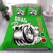 A bright green bedding set with a drag racing graphic, including a duvet cover and two matching pillowcases, displayed on a bed in a styled bedroom setting.
