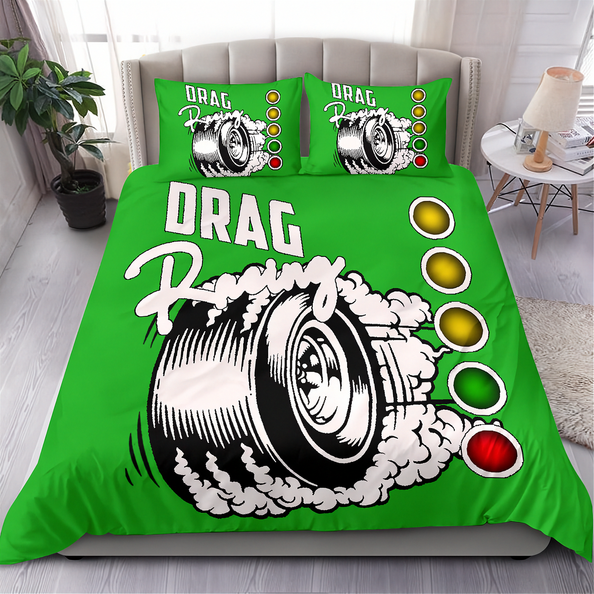 A bright green bedding set with a drag racing graphic, including a duvet cover and two matching pillowcases, displayed on a bed in a styled bedroom setting.