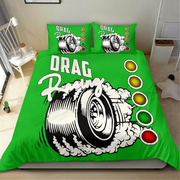 A bright green drag racing themed bedding set featuring a large tire graphic with smoke and the words 'DRAG Racing' on the duvet cover, with two matching pillowcases in a bedroom setting.