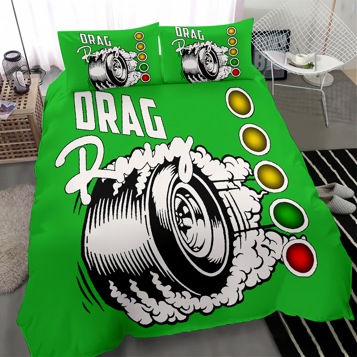 A bright green drag racing themed bedding set featuring a duvet cover and two pillowcases with a large tire graphic, 'DRAG Racing' text, and red, yellow, and green light circles, shown on a bed in a bedroom setting.