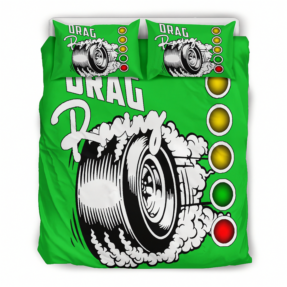A bright green bedding set featuring a duvet cover and two pillowcases with a 'Drag Racing' graphic design. The design includes a black and white cartoon tire, white spray effects, and a vertical sequence of traffic lights in yellow, green, and red.