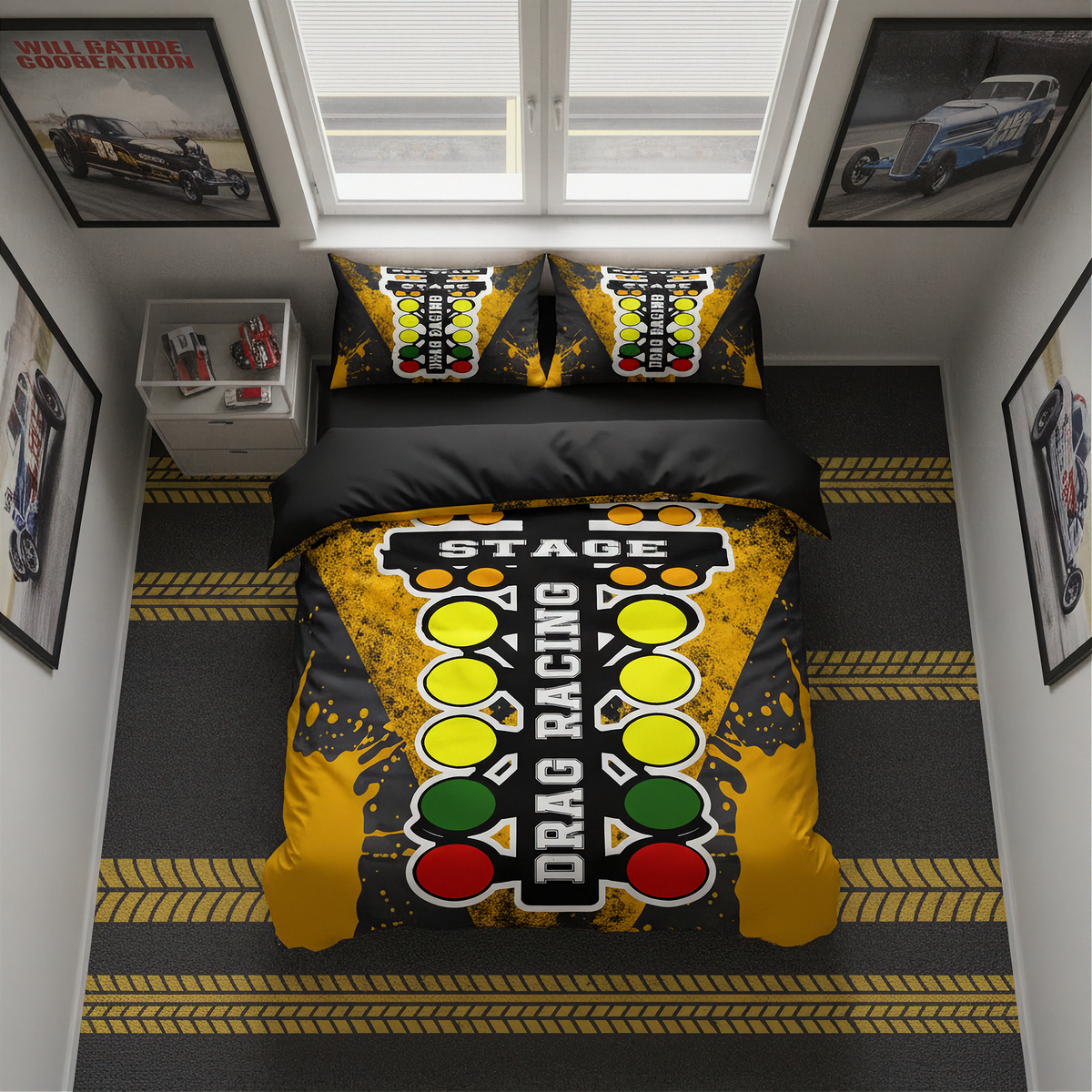 A racing-themed bedding set displayed on a bed in a styled bedroom. The set includes a duvet cover and two pillowcases featuring a yellow and black drag racing graphic with a stylized traffic light pattern and the words 'STAGE DRAG RACING'.