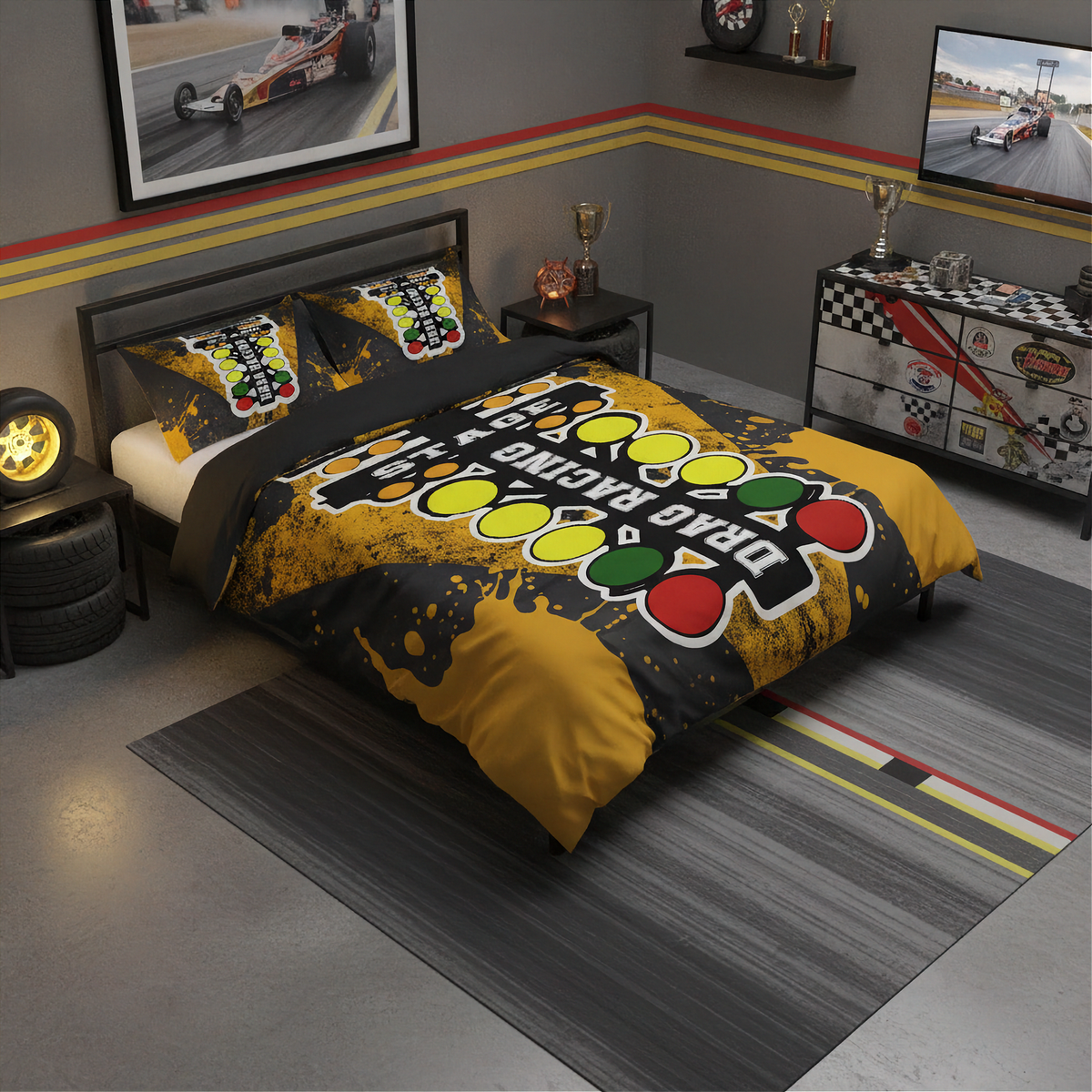 A racing-themed bedding set featuring a duvet cover and two pillowcases with a bold yellow, black, white, green, and red drag racing graphic, styled in a modern gray race-car-themed bedroom.