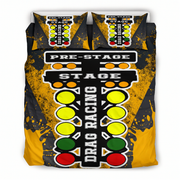 A bedding set featuring a duvet cover and two matching pillowcases with a drag racing control panel graphic. The design mimics a raceway switchboard with yellow, green, and red lights, and the words 'PRE-STAGE', 'STAGE', and 'DRAG RACING' on a black and yellow background.