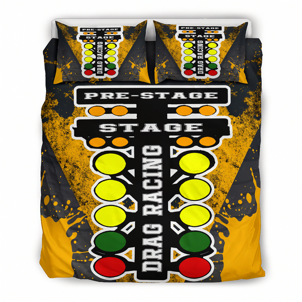 A bedding set featuring a duvet cover and two matching pillowcases with a drag racing control panel graphic. The design mimics a raceway switchboard with yellow, green, and red lights, and the words 'PRE-STAGE', 'STAGE', and 'DRAG RACING' on a black and yellow background.