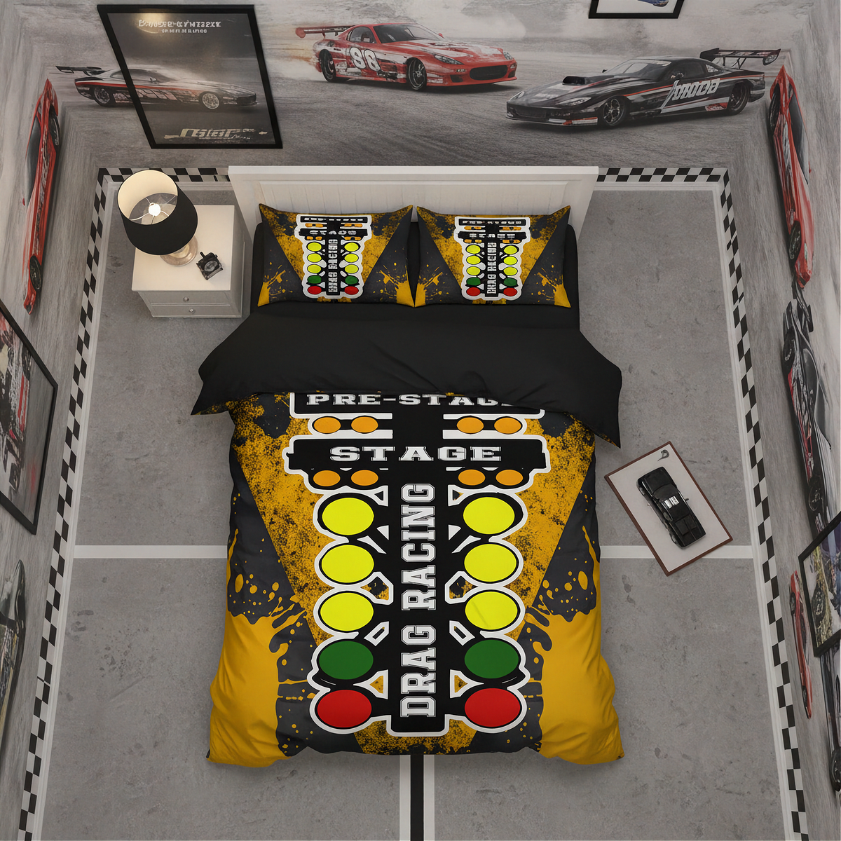 A drag racing themed bedding set displayed on a bed in a styled bedroom. The set includes a duvet cover and two matching pillowcases featuring a yellow and black track lighting graphic with the words 'PRE-STAGE DRAG RACING'.