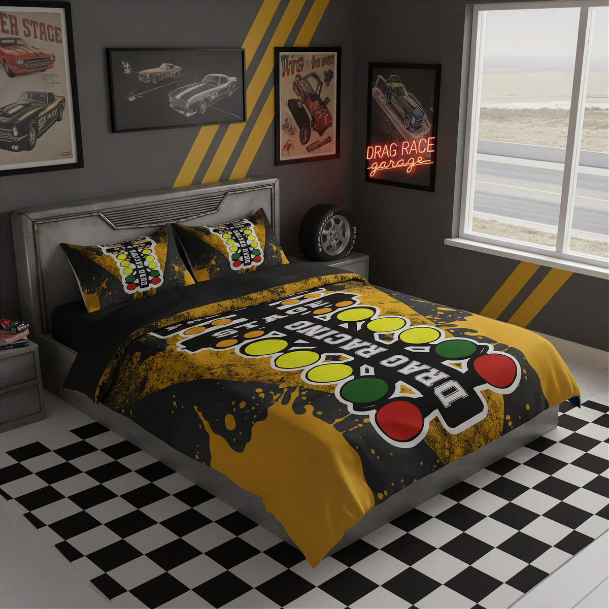 A racing-themed bedding set featuring a duvet cover and two matching pillowcases with a yellow, black, and gray drag race graphic, styled in a modern gray bedroom with racing posters and a checkered floor.