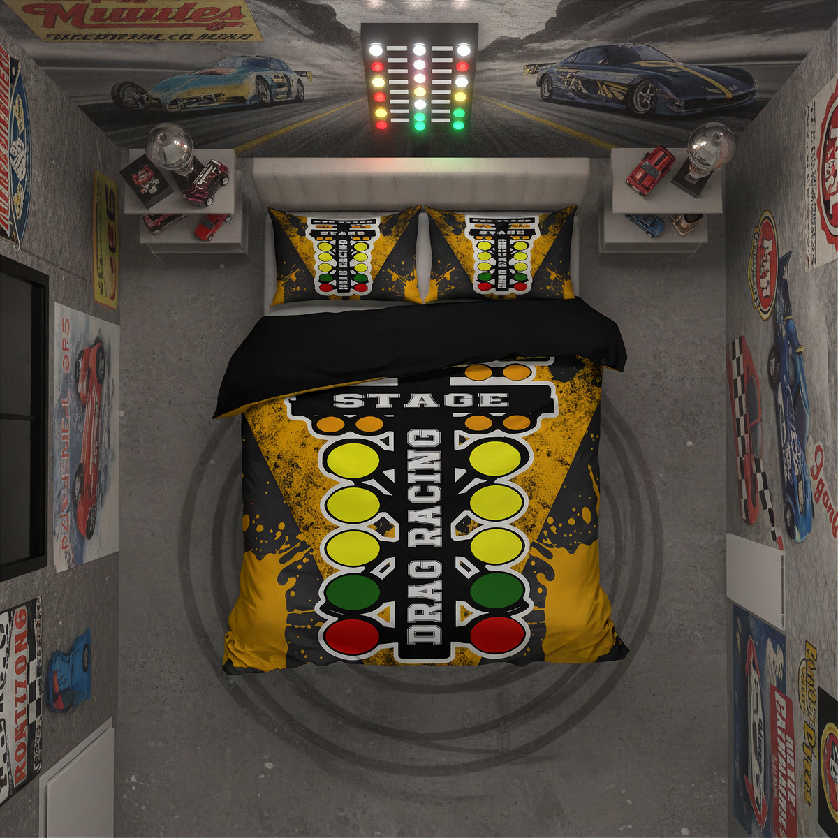 A racing-themed bedding set displayed on a bed in a styled bedroom. The set includes a duvet cover and two matching pillowcases featuring a yellow, black, gray, and multicolor drag racing light pattern with the words 'DRAG RACING' and 'STAGE'.