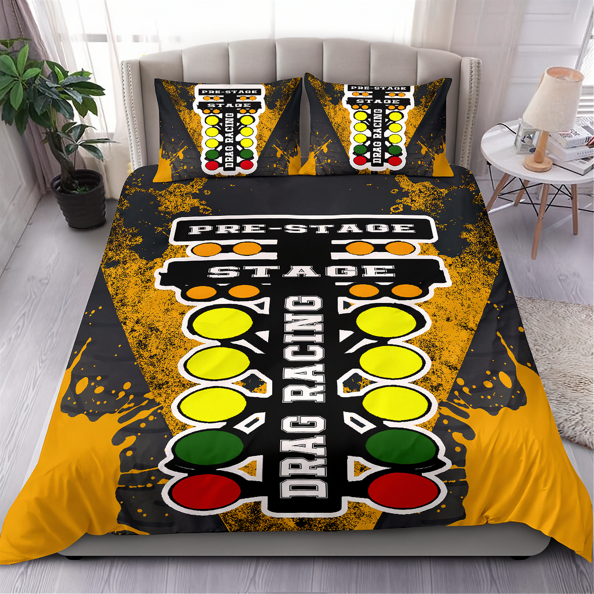 A bedding set featuring a duvet cover and two matching pillowcases with a drag racing start-line graphic, styled on a bed in a modern bedroom setting.
