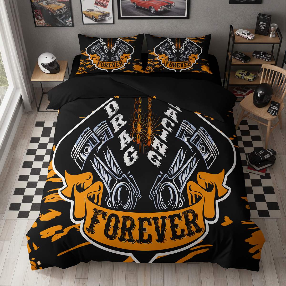 A black bedding set with a bold drag racing graphic, featuring two pillowcases and a duvet cover. The design displays two metallic pistons, a chain, and the words 'DRAG RACING' and 'FOREVER' in white and orange.