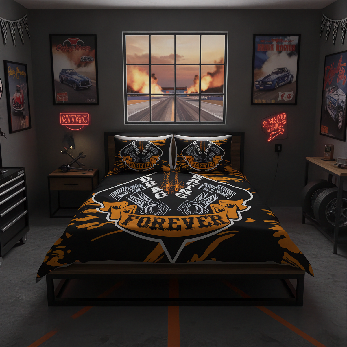 A bed dressed in a black and orange racing-themed bedding set with two matching pillows, styled in a dark gray bedroom with racing posters, neon signs, and a window showing an explosion scene.
