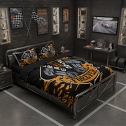 A racing-themed bedding set with a duvet cover and two pillowcases featuring a black and orange 'Forever Racing' graphic, styled on a bed in a dark, industrial-themed bedroom.