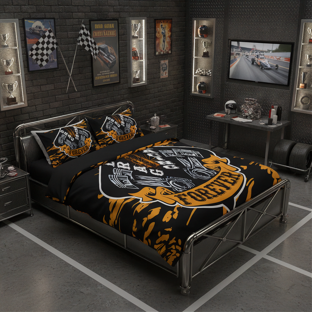 A racing-themed bedding set with a duvet cover and two pillowcases featuring a black and orange 'Forever Racing' graphic, styled on a bed in a dark, industrial-themed bedroom.