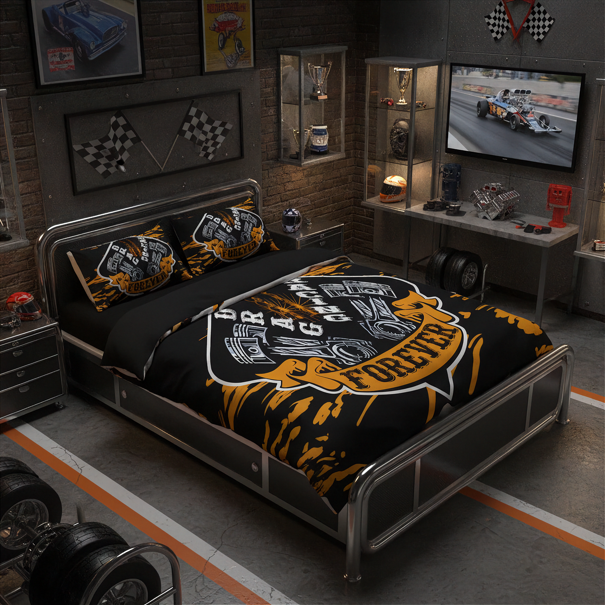 A bed dressed in a black and yellow racing-themed bedding set, shown in a styled garage or workshop bedroom setting with racing decor, a TV, and a race car on the screen.