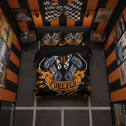 A themed bedroom setup featuring a black and orange racing-themed bedding set with a large 'Racing Forever' graphic on the duvet cover and matching pillowcases. The room is styled with orange and black striped walls, vintage car posters, and a checkered bow on the ceiling.